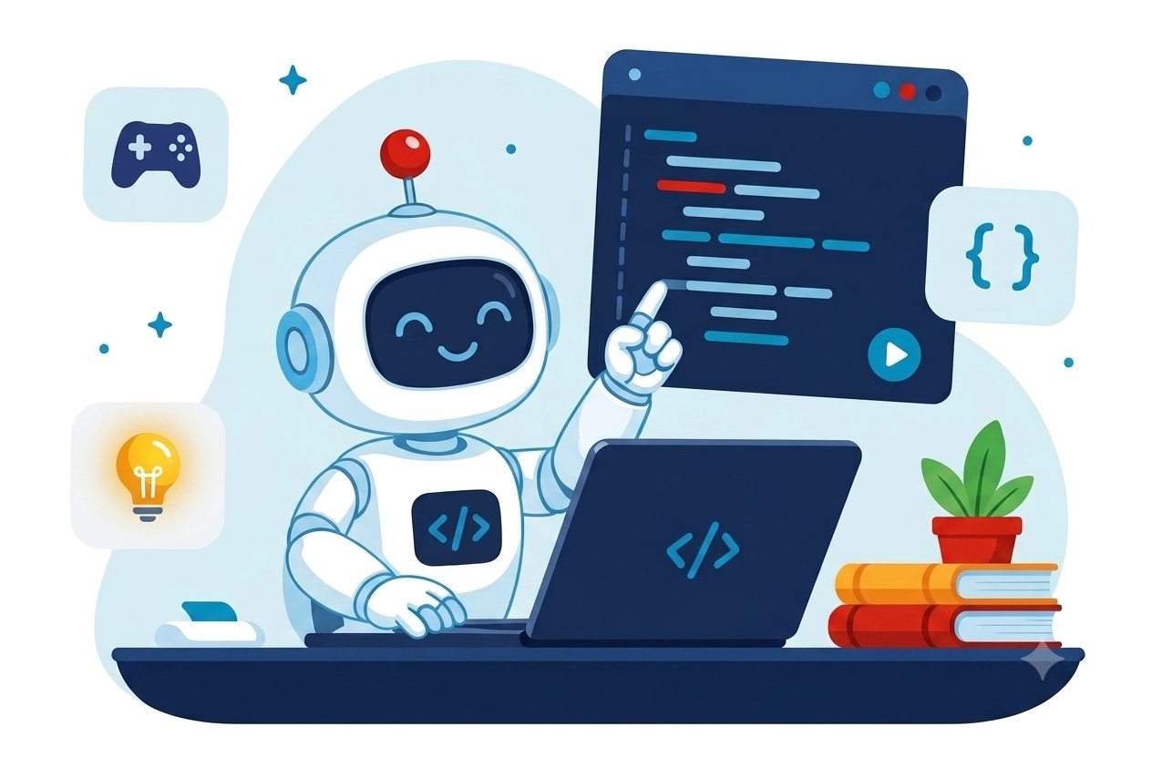 Robot przy laptopie wskazuje okno z kodem; obok ikony gier, zarowka i ksiazki